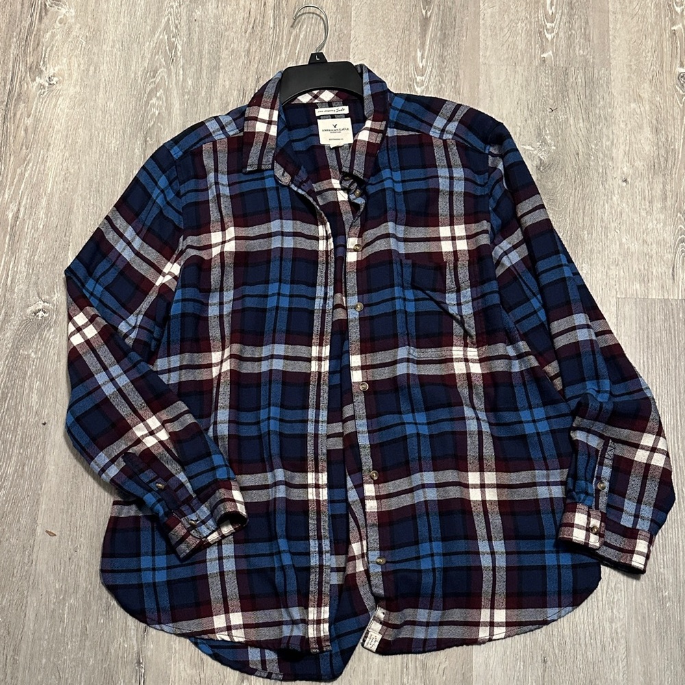 American Eagle Outfitters Women's Plaid Button Down Shirt - Blue and Burgundy